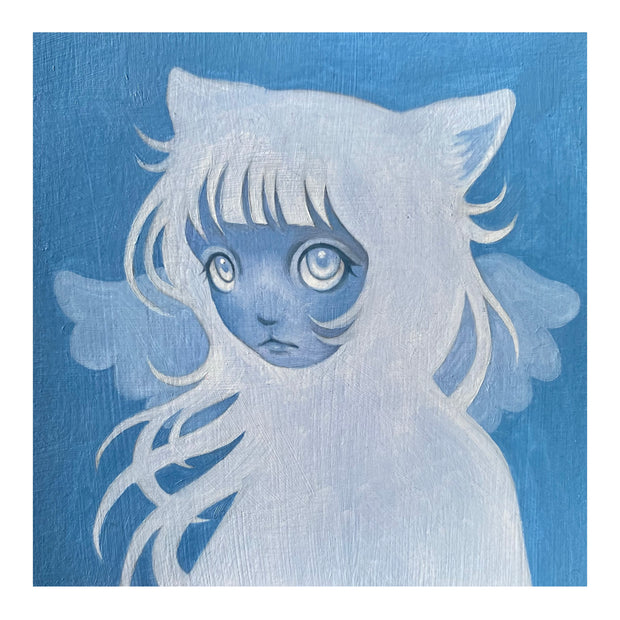 Blue monochromatic painting of a girl with a sad, cat style face with large slightly drooped eyes and a small cat mouth. She has long light blue hair, bangs and cat ears and a pair of angel wings.