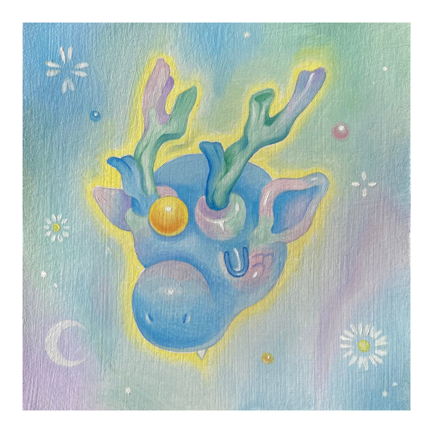 Pastel colored painting of a cute dragon head with a rounded, bulbous nose and antlers. It downcasts its eyes and a single fang peaks out of its closed mouth. A yellow light halo surrounds it on an otherwise blue and purple background.