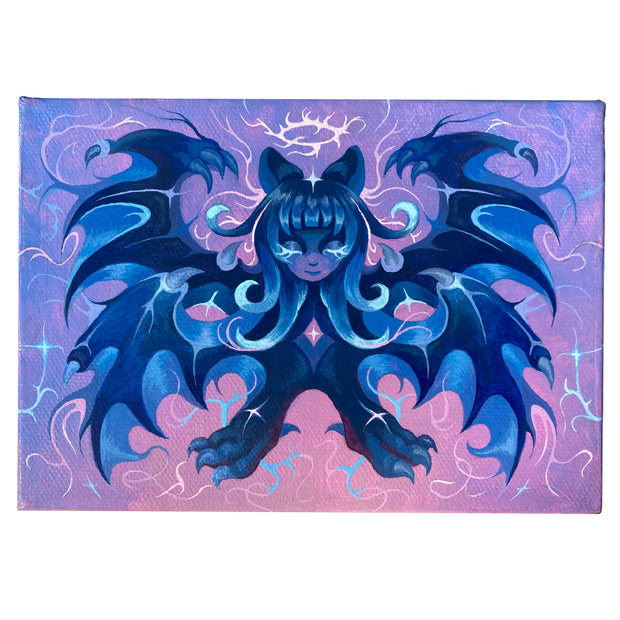 Painting on canvas in mostly blue, purple and pink of small girl/bat creature with 4 wings, clawed feet and a spiked halo overhead.