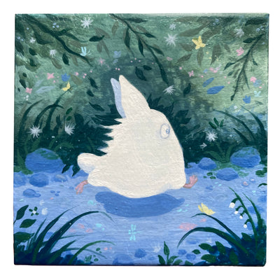 Small painting on canvas of a small, white spirit character running quickly through a small stream of water with greenery surrounding it.