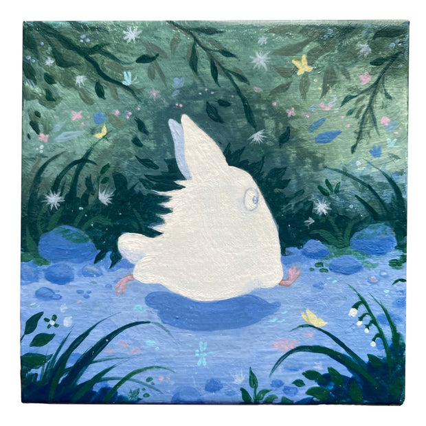 Small painting on canvas of a small, white spirit character running quickly through a small stream of water with greenery surrounding it.