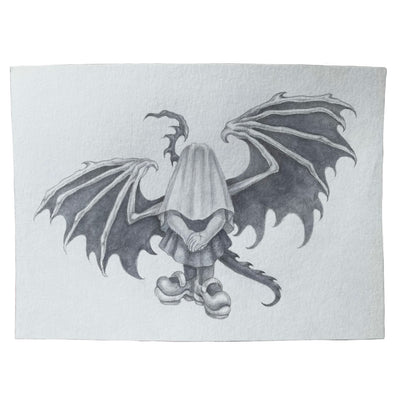 Graphite illustration on gray paper of a girl wearing a piece of fabric over her head with large demon wings.