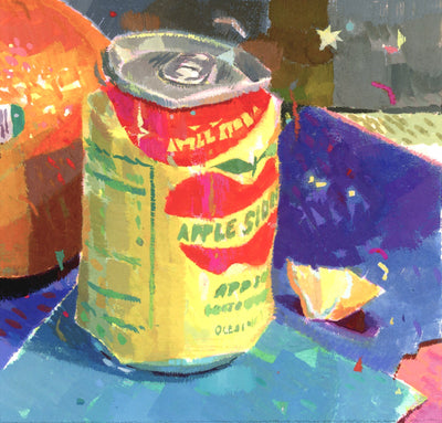 Painting done in a slightly fuzzy style of a can of apple juice. Behind is a large orange.