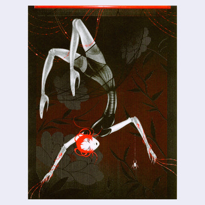 Risograph print, mostly in blacks with dark red details of a woman with thin limbs hanging upside down and wearing a black mesh dress. From her bionic arms falls a spider.