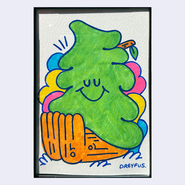 Marker drawing on white paper of a green tree with a simple smiling face, sitting down with its tree trunk legs extended in front of it.