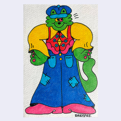 Colorful illustration of a green cartoon cat, standing on 2 legs like a human and dressed in vibrant 70's style attire - patched jeans, a yellow long sleeve and a pink and red vest. It has its hands on its hips..