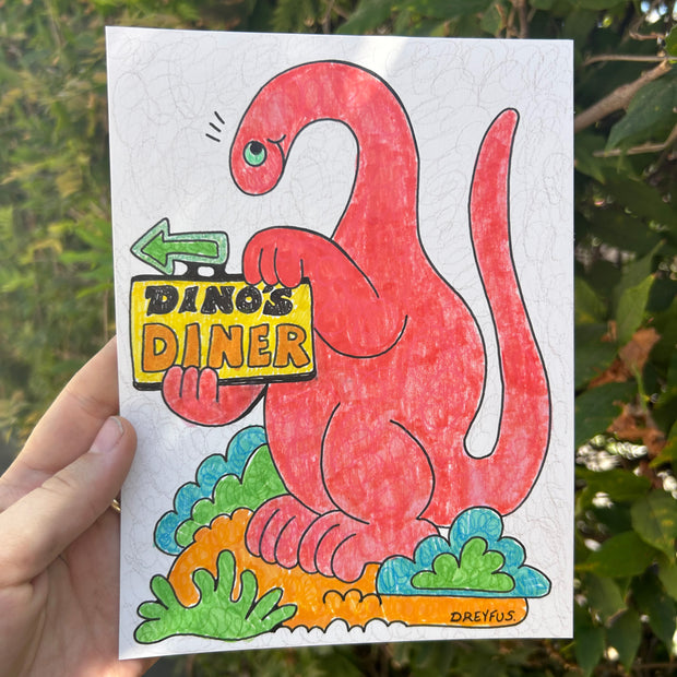 Colored pencil illustration on paper of a red cartoon dinosaur standing on greenery with a sign that reads "Dino's Diner" 