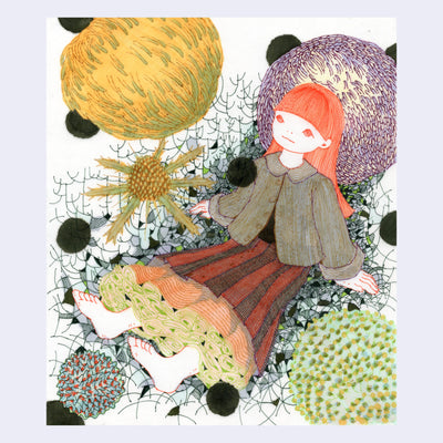 Illustration of a girl with straight orange hair sitting down, she wears a very full long skirt and a fitted jacket. She looks up at a large flower blossom above her. More are around and beneath her is a shadowy geometric pattern.