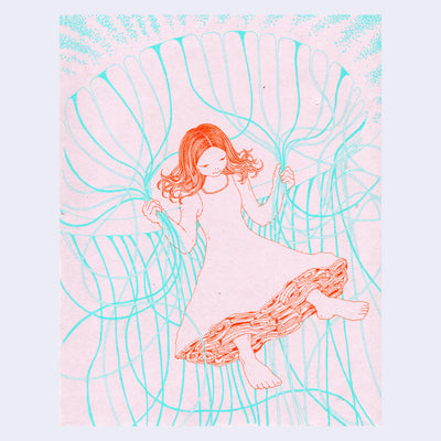 Line art illustration on pink paper of a girl in a long, flowy dress holding the tendrils of a jellyfish overhead.