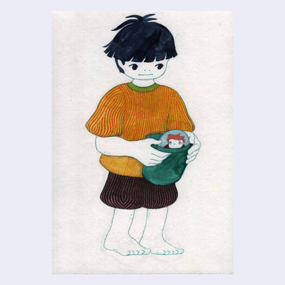 Ink illustration of a boy with a bowl cut wearing a striped short sleeve shirt and black shorts. He holds a teal colored bucket with a small Ponyo sitting inside.