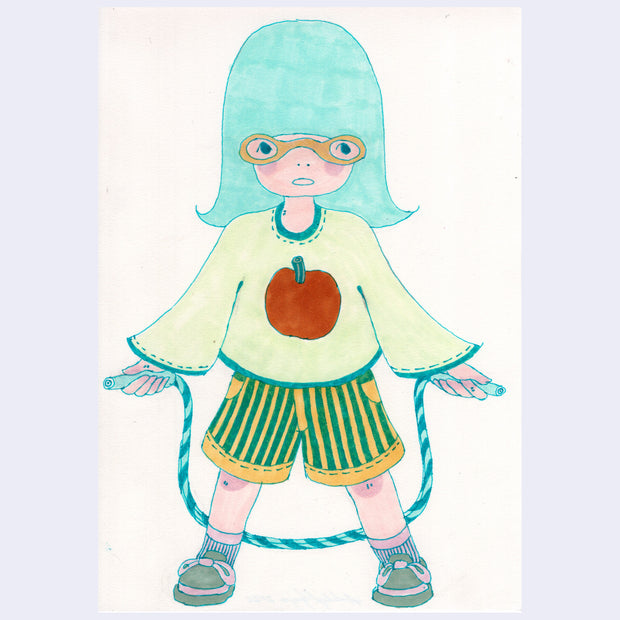 Marker illustration of a girl with aqua colored hair, she wears a jumper with an apple on it and holds a blue jumprope.