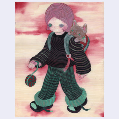 Painting of a girl with purple yarn like hair, she walks in striped clothing and plays with a yo-yo. She wears a backpack with a gray cat popping out.