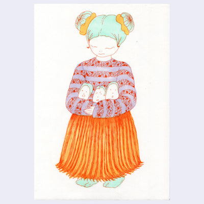 Drawing in orange ink of a woman with light teal hair, looking down and holding 3 small simplistic cartoon heads with varying expressions. She wears a sweater and a skirt.