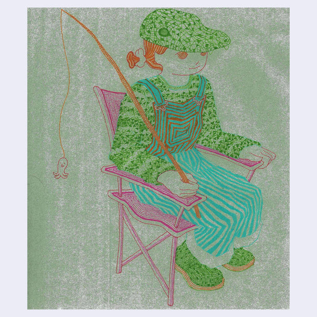 Illustration on green paper of a girl sitting in a outdoor folding chair and holding a fishing rod in one hand. She is dressed in camouflage with a dinosaur shaped hat.