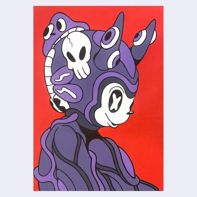 Cartoon style mouse or dog character with large eyes and a simple smile. It wears futuristic purple armor with little characters atop of it. Background is bright red.