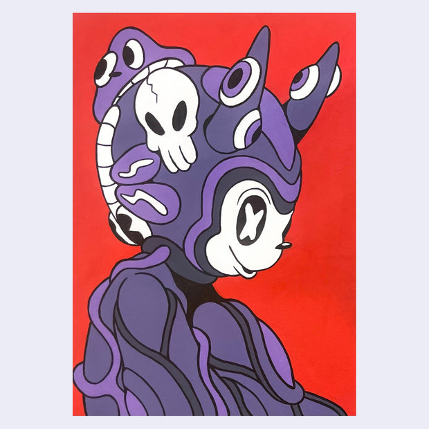 Cartoon style mouse or dog character with large eyes and a simple smile. It wears futuristic purple armor with little characters atop of it. Background is bright red.