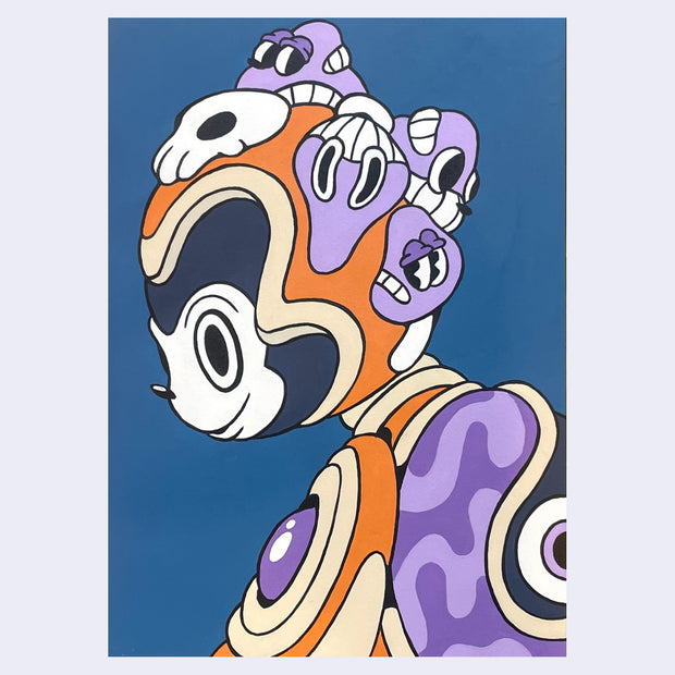 Cartoon style mouse or dog character with large eyes and a simple smile. It wears futuristic purple and orange armor with little characters atop of it. Background is blue.