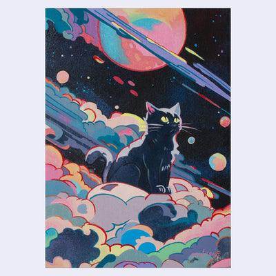 Painting of a black cat sitting atop a cloud in a very colorful outerspace setting, with many colorful clouds, stars and round planets.