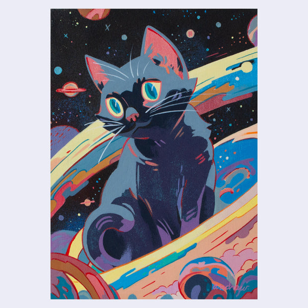 Painting of a black cat with large yellow and blue eyes, sitting in a colorful outer space setting and looking curiously. Colorful cloud formations and planets fill the background. 