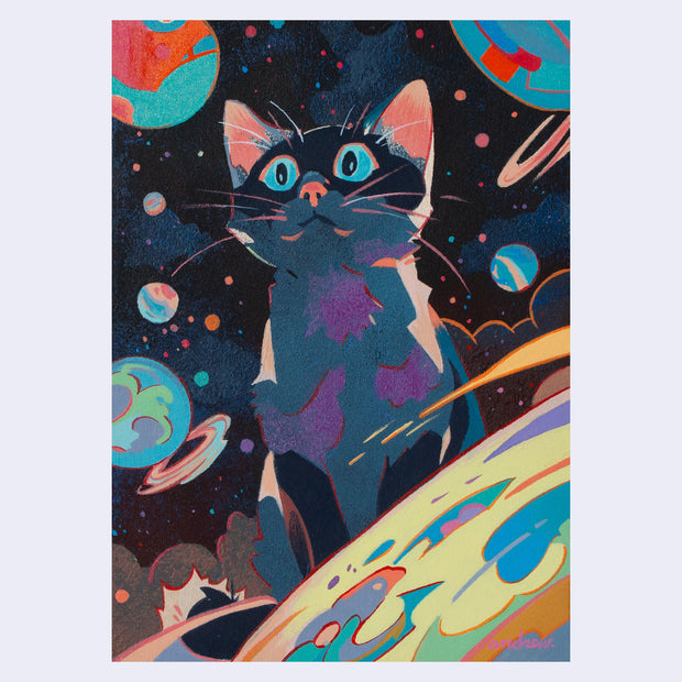 Painting of a black cat, seen from slightly underneath, in a colorful outer space setting. It looks off curiously, with colorful planets and stars filling the background and foreground.