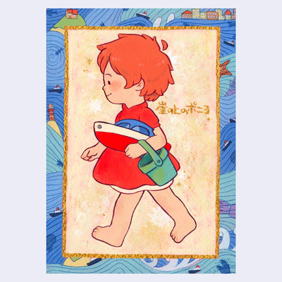 Illustration of a girl with short orange hair and a short red dress, walking and seen in profile view. She smiles and holds a toy boat and green bucket. The piece is bordered by gold trim and stylistic ocean waves and homes.