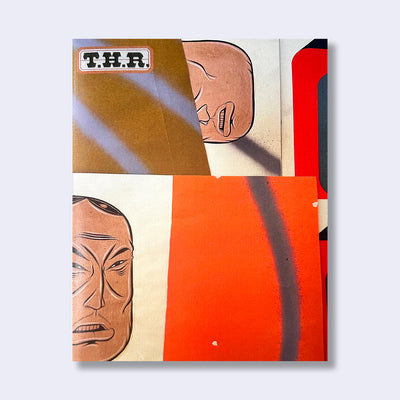 Zine cover for Barry McGee's T.H.R. zine with color blocks over his art, graffiti lines and an illustrated sectioned face of one of his characters.