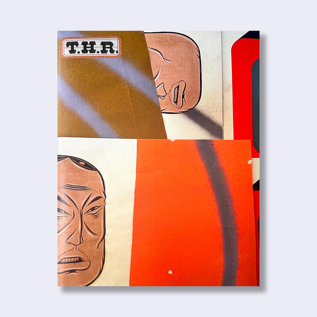 Zine cover for Barry McGee's T.H.R. zine with color blocks over his art, graffiti lines and an illustrated sectioned face of one of his characters.