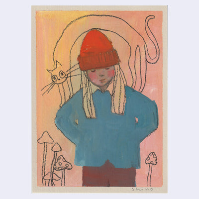 Pastel sketch of a girl with long, straight hair wearing a blue coat and a red beanie. A sketch of a cat is on her shoulders.