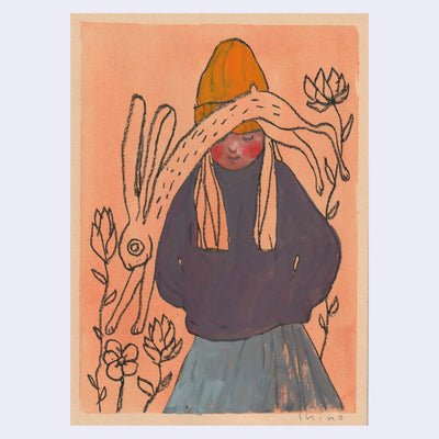 Pastel sketch of a girl with long, straight hair wearing a blue coat and a yellow beanie. A sketch of a bunny jumps in front of her face.