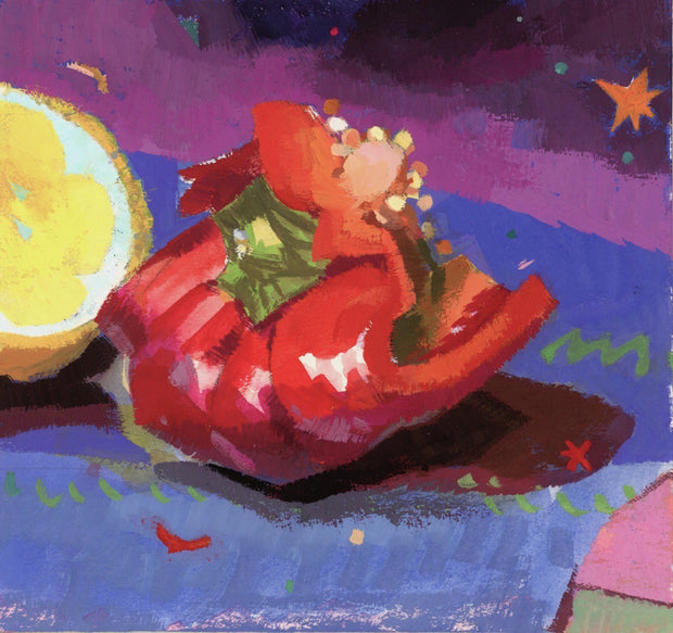 Painting of a red bell pepper done in a stylistically messy fashion on a purple placemat with a lemon behind it.
