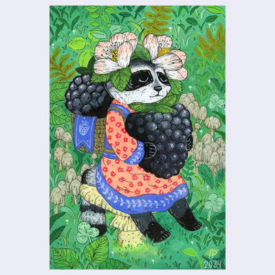 Illustration of a cartoon badger, dressed in a floral dress and holding a very large blackberry. It has flowers on its head and wears a basket on its back with another berry inside. Background is green with leaves and mushrooms.