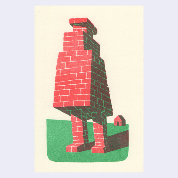 Risograph print of a brick monster, with no arms or face but standing on 2 legs. It stands largely in an open green field with a tiny red house in the far background.