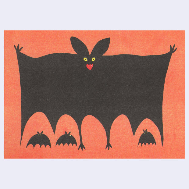 Risograph print of a cartoon style bat with an excited face and its wings spread wide. Below it are 3 small bats, simplistically drawn as silhouettes with yellow eyes. Background is orange.