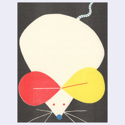 Risograph print of a large bodied cream colored rat with a yellow ear and a red ear. It has small red eyes and a small blue nose and is seen from overhead, with its small tail in the back.