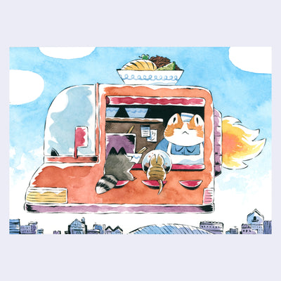 Watercolor illustration of a futuristic flying food truck. A small raccoon and a small armadillo sit at the counter to eat. Atop the truck is a large bowl of ramen with birria taco ingredients.