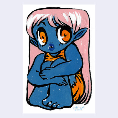 Simplistic cartoon style painting of a blue demon girl with long pink hair sitting on the ground with her knees pulled to her chest. She wears a small orange dress and has sparkly orange eyes.