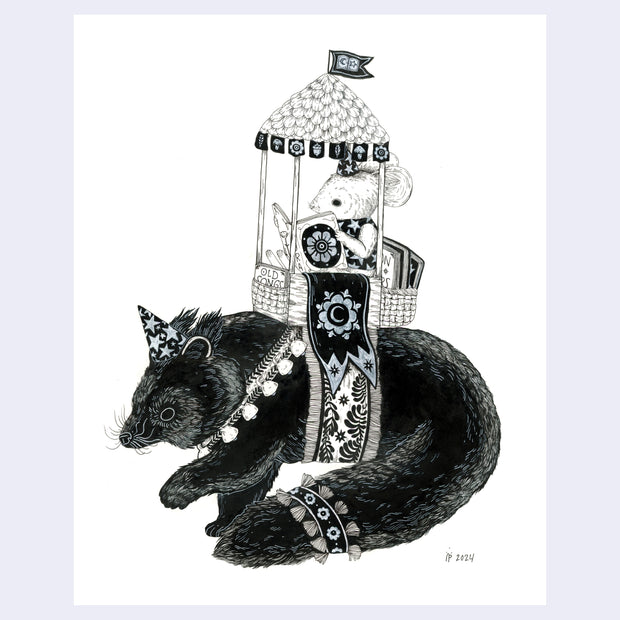 Black ink illustration on white paper of a fluffy tailed animal, possibly a fox, with ornate cloth wrappings and carrying a covered seat on its back, where a mouse sits and reads a book.