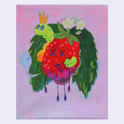 Painting of a raspberry with cartoon x'd out eyes and a worm coming out of its cheek. It dangles with its tongue out.