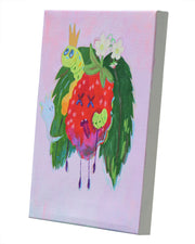 Painting of a raspberry with cartoon x'd out eyes and a worm coming out of its cheek. It dangles with its tongue out.