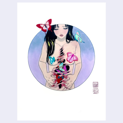 Illustration within a black line circle of a nude woman with long black hair. Her abdomen is torn open, with butterflies flying out of various colors. She pulls at her stomach with red tipped fingers and looks distressed.