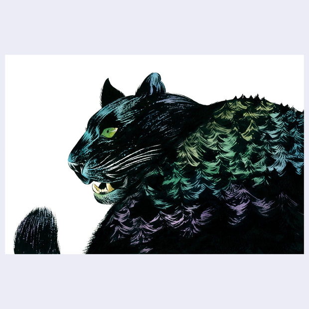 Illustration of a black panther, looking back over its own back which comprises of many rows of trees, mostly cast in shadow and blue, green, and purple on the highlights.