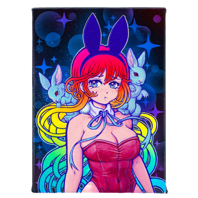 Painting of an anime style girl dressed in a tight pleather corset with bunny ear headband. Her long hair is rainbow colored and 2 realistic bunnies are perched on her shoulder.