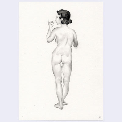 Graphite drawing of a nude woman, standing and seen from the back while brushing her teeth.