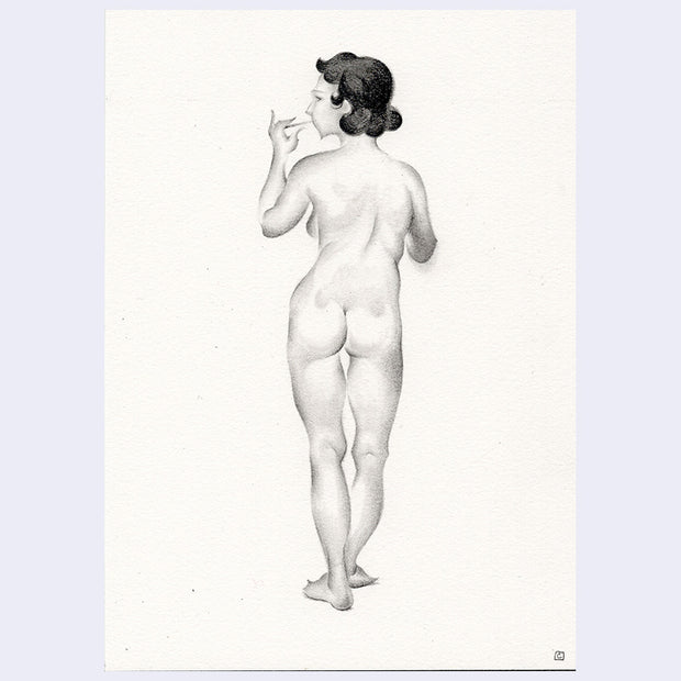 Graphite drawing of a nude woman, standing and seen from the back while brushing her teeth.