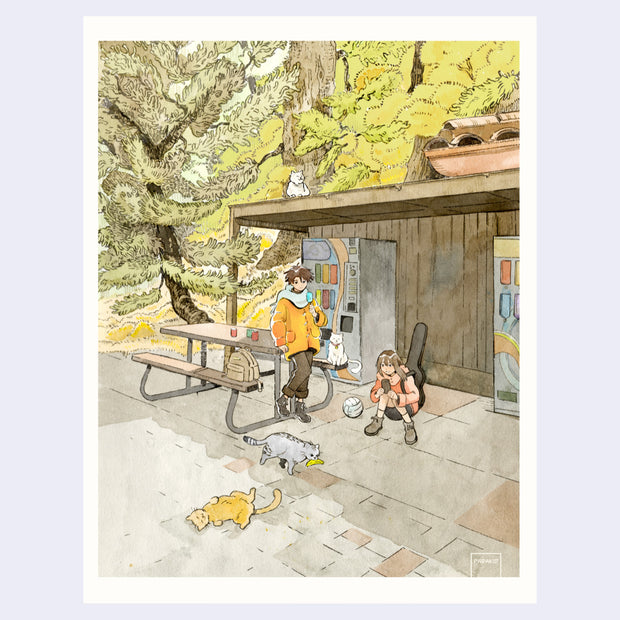 Illustration of a outdoor rest stop or campsite, with 2 people interacting with several stray cats.