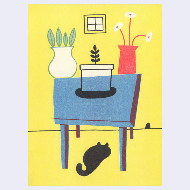 Risograph print of a blue table in a yellow room, with potted plants atop it. A black cat sits under the table, facing a small mouse hole in the wall.