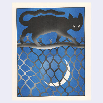 Risograph print of a black cat walking along the top of a chainlink fence against a night blue sky with a crescent moon in the background.