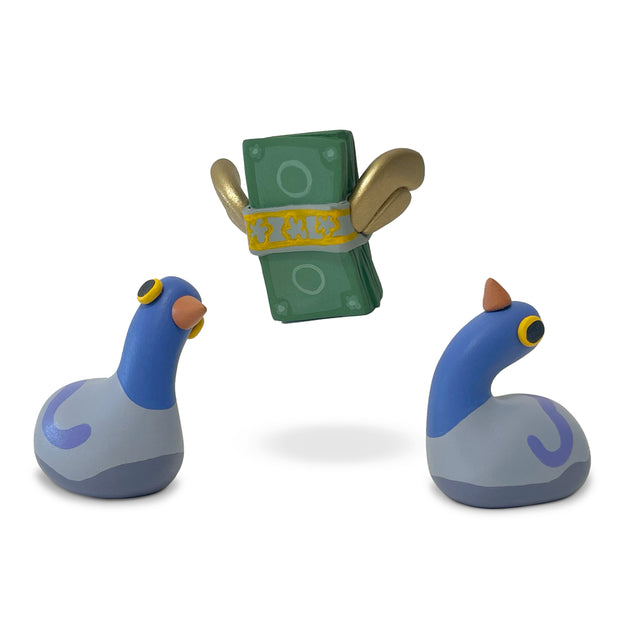 3 sculptures, 2 of sitting pigeons and the 3rd of a stack of dollar bills with gold wings attached.