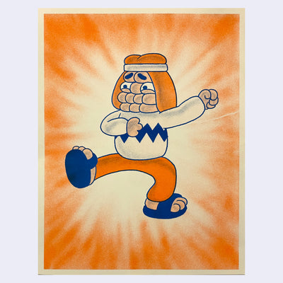 Risograph print of a character with lumps as a face, with eyes and concerned eyebrows. He stands in a somewhat fighting stance, wearing sandals with one leg kicked out.