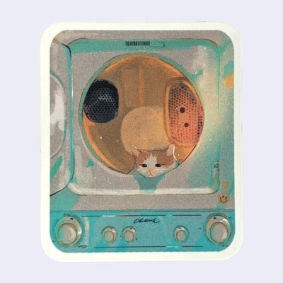 Die cut sticker of a small cat, sitting inside of an open laundry dryer. Its head rests on the circular opening, with controls below.